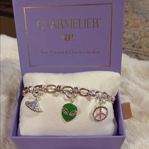 Charmelier Silver Bracelet with Green and Pink Charms - Picture 1 of 4